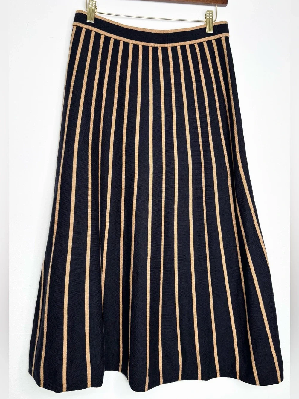 Boden Liz Knitted Midi Skirt Navy Camel Stripe Cotton Wool Size 8
